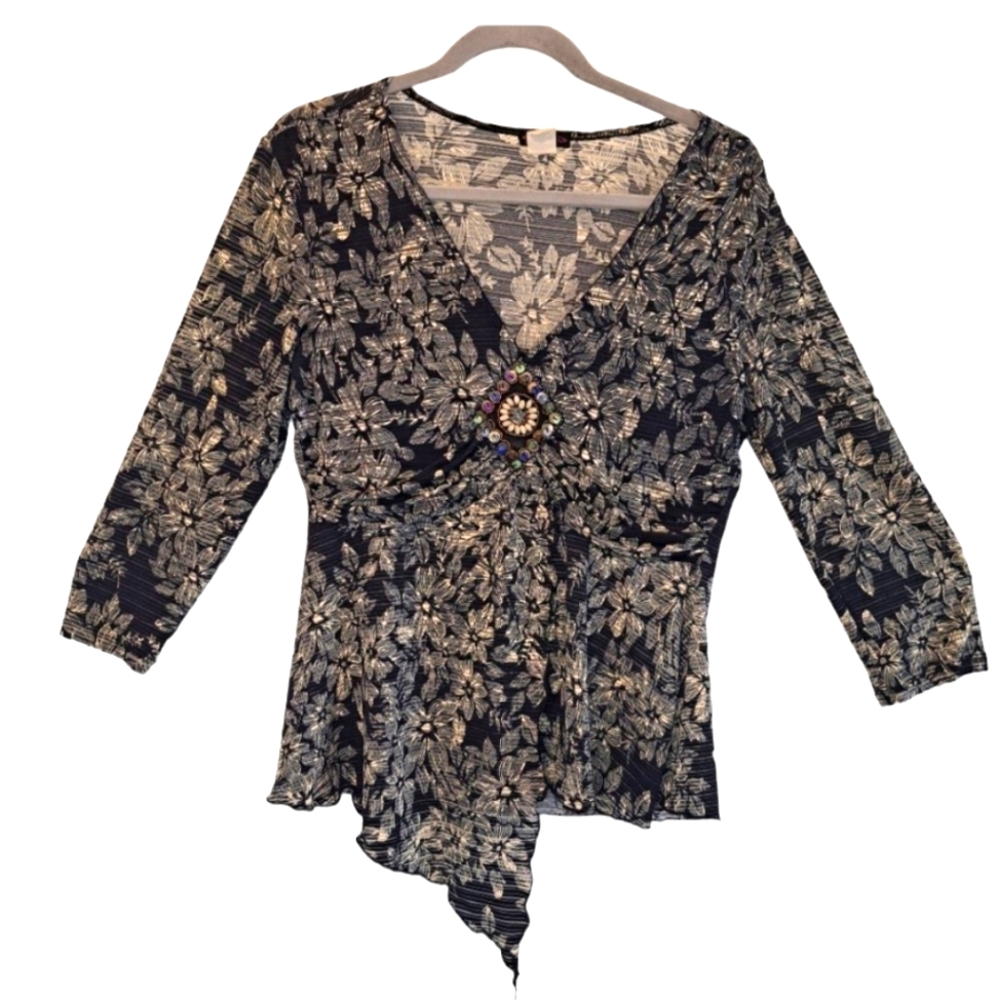 Cocomo Sheer Floral Asymmetrical Blouse with Beaded Embellishment Size Large